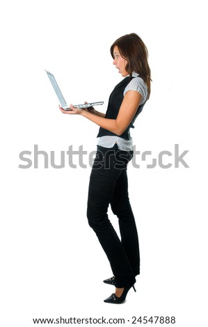 Businesswoman standing surprised with notebook on white background.