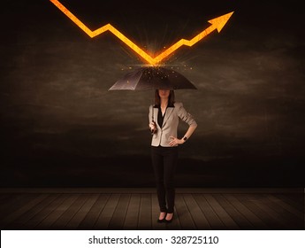 Businesswoman standing with umbrella keeping orange arrow concept on background - Powered by Shutterstock