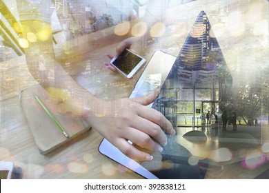 Businesswoman start or stop working with laptop and smartphone. Concept of modern technology, network connection. Image closed up hand make multiple layers and blur lens flare with blank space. - Powered by Shutterstock