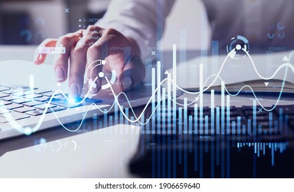 Businesswoman Or Stock Trader Analyzing Stock Graph Chart By Fibonacci Indicator, Side View Business Woman Using Laptop To Buy Or Sell Stock, Double Exposure Graph, Internet Trading