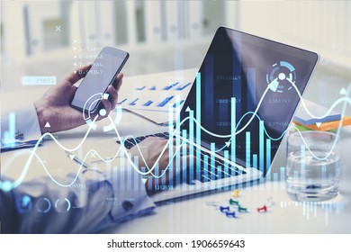 Businesswoman Or Stock Trader Analyzing Stock Graph Chart By Fibonacci Indicator, Side View Business Woman Using Laptop To Buy Or Sell Stock, Double Exposure Graph, Internet Trading