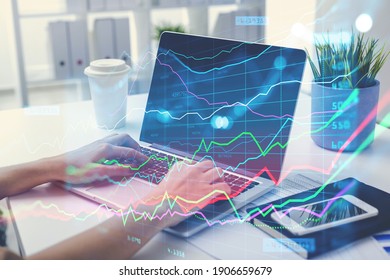 Businesswoman Or Stock Trader Analyzing Stock Graph Chart By Fibonacci Indicator, Side View Business Woman Using Laptop To Buy Or Sell Stock, Double Exposure Graph, Internet Trading