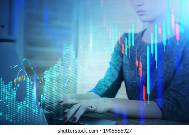 Businesswoman Or Stock Trader Analyzing Stock Graph Chart By Fibonacci Indicator, Side View Business Woman Using Laptop To Buy Or Sell Stock, Double Exposure Graph, Internet Trading