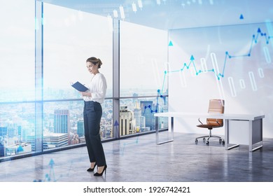 Businesswoman Or Stock Trader Analyzing Stock Graph Chart By Fibonacci Indicator, Side View Business Woman Using Laptop To Buy Or Sell Stock, Double Exposure Graph, Internet Trading