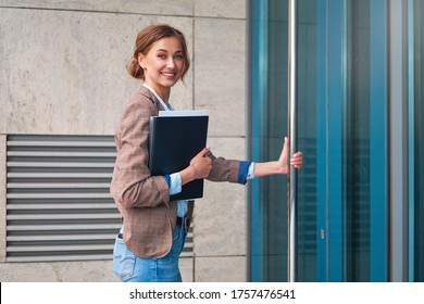 Businesswoman Successful Woman Business Person Standing Outdoor Corporate Building Exterior Elegance Pretty Caucasian Professional Middle Age Female Bank Worker Enter Building Open Door And Smiling