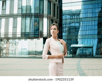 Businesswoman Successful Woman Business Person Standing Outdoor Corporate Building Exterior Pensive Elegance Cute Caucasian Confidence Professional Business Woman Middle Age Female Leader Bank Worker