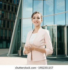 Businesswoman Successful Woman Business Person Standing Outdoor Corporate Building Exterior Pensive Elegance Cute Caucasian Confidence Professional Business Woman Middle Age Female Leader Bank Worker