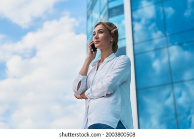 Businesswoman Successful Woman Business Person Standing Outdoor Corporate Building Exterior Cell Phone Pensive Elegance Cute Caucasian Professional Business Woman Middle Age Dreaming With Mobile Phone