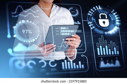 Businesswoman with tablet in hands, glowing virtual screen with percentage loading, numbers and lines with cybersecurity lock. Concept of data protection and statistics - Powered by Shutterstock