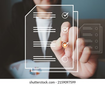 A Businesswoman Taking An Online Quiz Or Questionnaire Icon On A Digital Window Providing Insightful Work Satisfaction Information. Document Approval Check