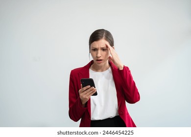 Businesswoman talking on the phone arguing tablet problems highlighting customer dissatisfaction isolated over white background. - Powered by Shutterstock