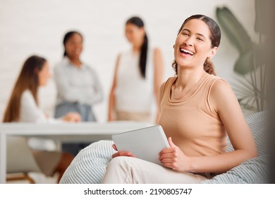 Businesswoman, Team Leader Or Manager On A Tablet Working At A Female Only Company Or Women Empowerment Workplace With Colleagues In Background. Corporate Professional With Business Success Portrait