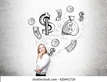 Businesswoman Thinking About Money On Concrete Background