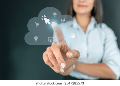 Businesswoman Touchscreen Graph Screen Icon Media Screen Technology Process System - Powered by Shutterstock