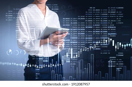 Businesswoman Trader Using Tablet To Update Stock Rates To Forecast Market Behaviour Based On Worldwide News. Business And Financial Success Concept. Double Exposure