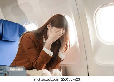 A businesswoman travels abroad on a plane, using her computer during the flight. She experiences jet lag, suffering from headaches, neck pain, and stomach ache due to the long journey. - Powered by Shutterstock