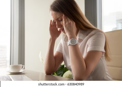 Businesswoman tries to cope with nervous tension or anxiety. Woman suffering from panic attacks or head ache. Girl in depression because of troubles at work. Master emotions, take back control concept