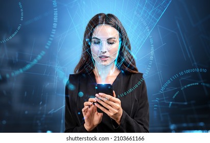 Businesswoman typing in phone, biometric verification and face detection, binary and digital hologram. Using smartphone with facial scanner. Concept of face id and high tech technology