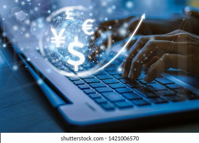 businesswoman uses laptop computer, world currencies, wallet cryptocurrency on virtual screen, fintech financial technology, internet payment, money exchange, digital banking concept