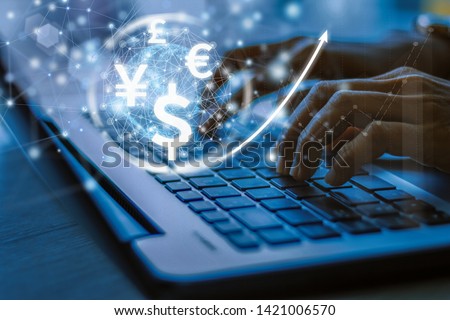 businesswoman uses laptop computer, world currencies, wallet cryptocurrency on virtual screen, fintech financial technology, internet payment, money exchange, digital banking concept