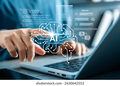 Businesswoman using artificial intelligence technology on laptop with digital brain circuit, machine learning interface, chatbot, and code for smart business innovation and automation system.
