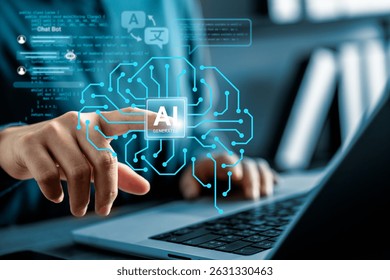 Businesswoman using artificial intelligence technology on laptop with digital brain circuit, machine learning interface, chatbot, and code for smart business innovation and automation system.