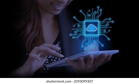Businesswoman using cloud computing technology internet storage network. Modern small cloud with digital and circuit graphic Cloud service, technology, and storage concept.