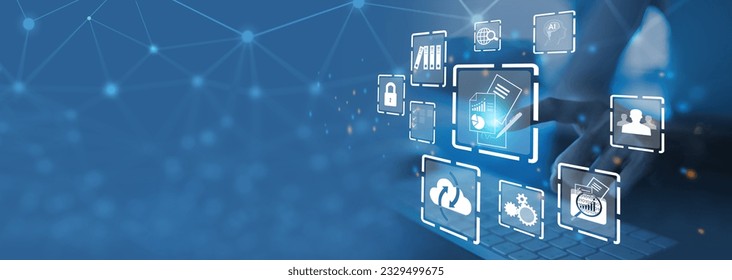 Businesswoman using a computer to document management concept, online documentation database and digital file storage systemsoftware, records keeping, database technology, file access, - Powered by Shutterstock