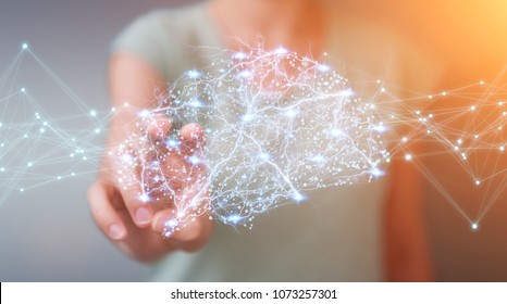 Businesswoman using digital x-ray human brain interface with cell and neurons activity 3D rendering