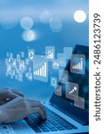Businesswoman using laptop in data management.with networking ,vertical