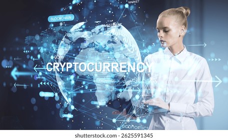 Businesswoman using laptop with glowing cryptocurrency graphics and world map overlay, abstract digital background, concept of blockchain finance