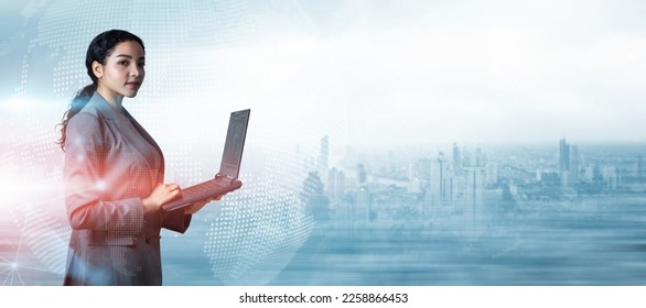 Businesswoman using laptop on world map city background with copy space, Business innovation technology digital concept, Double exposure of futuristic global network interface, Programming, IT support