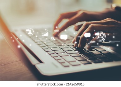 Businesswoman using laptop to search for information social media and marketing - Shutterstock ID 2142659815