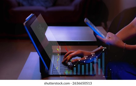 Businesswoman using laptop and smartphone at night to analyze AI driven data and financial growth from 2022 to 2026. Concept of digital transformation, marketing strategy, and fintech innovation.