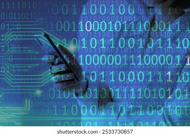 Businesswoman using mobile phone working with binary code overlay. Digital code Technology, connecting digital data in Mobile smart phone. Tech and data on Mobile. Connect data code on digital device.