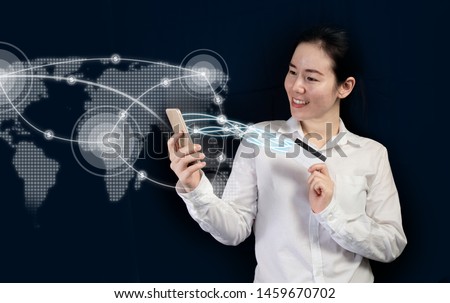 businesswoman using phone transfer money with mobile application, internet banking as concept.
