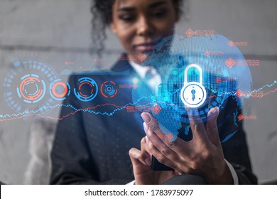 Businesswoman using phone, work in modern office on new project. Double exposure. Concept of success. Lock security hologram.