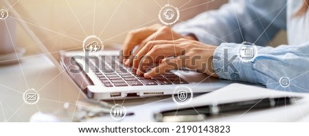 Businesswoman using smart devices for Digital technology connection and marketing, global internet network and cloud computing concept