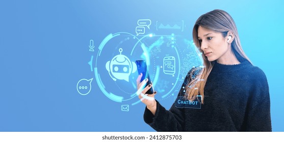 Businesswoman using smartphone and AI virtual assistant, chat bot hologram with digital icons. Online communication and helpdesk. Concept of mobile app and machine learning