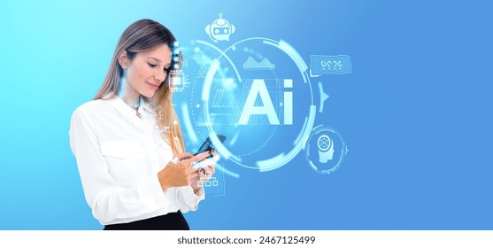 Businesswoman using smartphone and AI virtual assistant, chat bot hologram with digital icons. Online communication and network. Concept of artificial intelligence and machine learning - Powered by Shutterstock