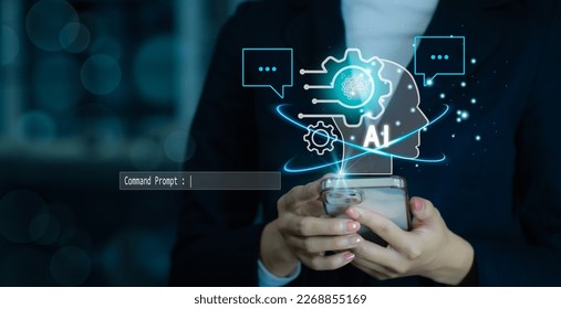 Businesswoman using smartphone brain working Artificial Intelligence (AI) in the futuristic business and chatting software development on interface and synchronize network connection, IoT, innovative. - Powered by Shutterstock