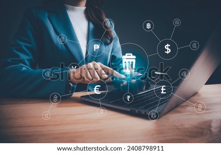 Businesswoman using smartphone or computer laptop and pressing button delete basket dollar yuan yen euro and pound sterling currency in web.