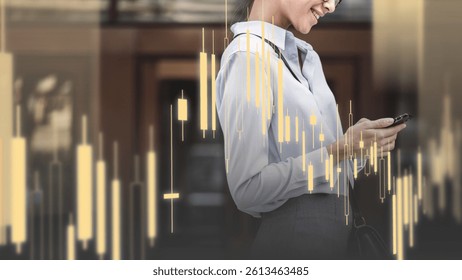 Businesswoman using smartphone with financial graph overlay, symbolizing market analysis and stock trading. Professional attire, modern technology, finance focus. Finance and debt image. - Powered by Shutterstock - Get 15% off with code: PIKWIZARD15