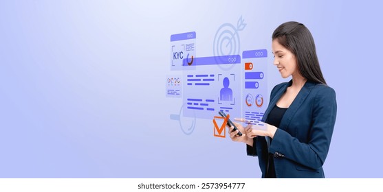 Businesswoman using a smartphone, interacting with a virtual KYC interface. Blue background. Concept of digital identity and verification - Powered by Shutterstock - Get 15% off with code: PIKWIZARD15