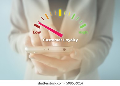 Businesswoman Using Smartphone With Meter Indicator : Low Customer Loyalty