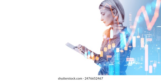 Businesswoman using tablet, double exposure forex trading and analysis. Bangkok city skyline and empty copy space white background. Concept of consulting and investment - Powered by Shutterstock