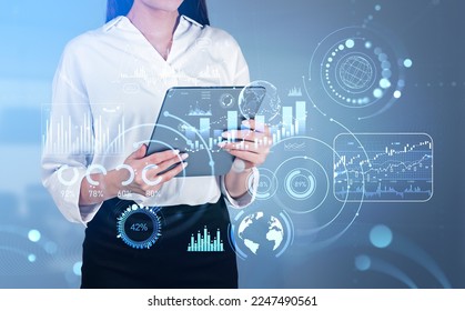 Businesswoman using tablet in hands, double exposure with glowing forex analysis hud, stock market candlesticks with glowing lines and graphs. Concept of online trading - Powered by Shutterstock