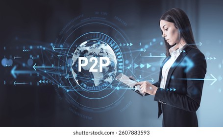 Businesswoman using tablet with holographic P2P world map interface, futuristic light overlay on dark background, concept of global data network