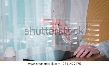 Businesswoman utilizing a tablet to make the proper mark in a company performance monitoring idea. Online questionnaires, checklists, and exams to be completed against a white city background.