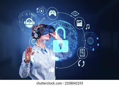 Businesswoman in vr headset hand touching digital hud with security lock. Earth sphere and circuit of web icons. Concept of cybersecurity and metaverse - Powered by Shutterstock